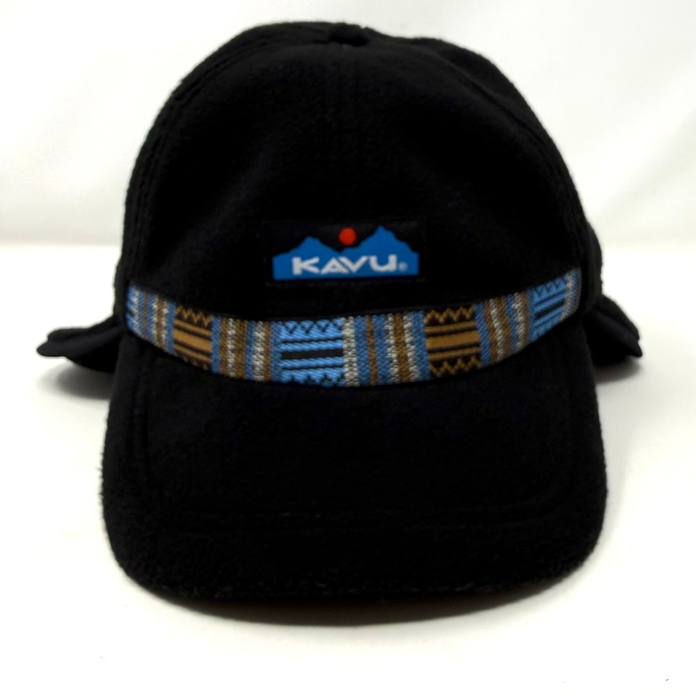 KAVU Barr Creek Black Fleece Trapper Hat Ear Flaps Patterned Webbing Accent